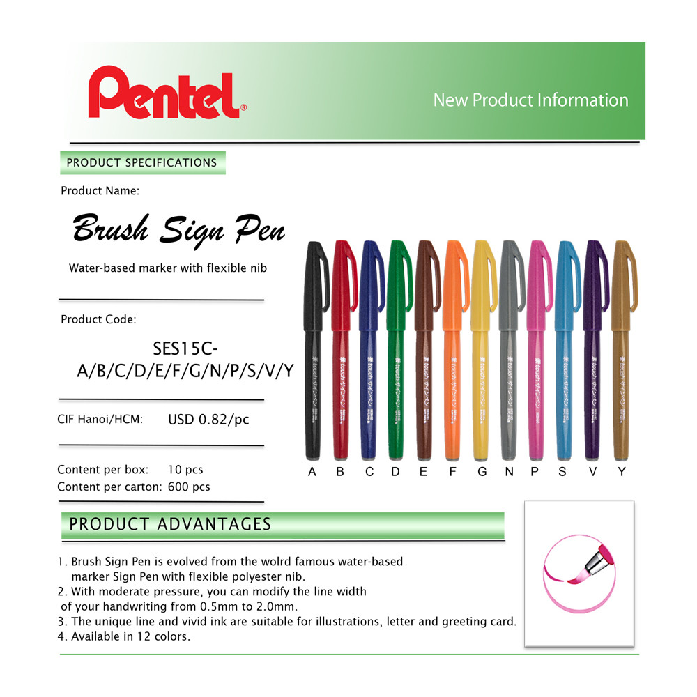 Bộ bút thư pháp 12 màu Brush Sign Pen Pentel SES15C