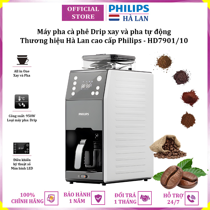 Máy pha cà phê Drip xay và pha tự động thương hiệu Hà Lan cao cấp Philips HD7901/10 - Hàng nhập khẩu