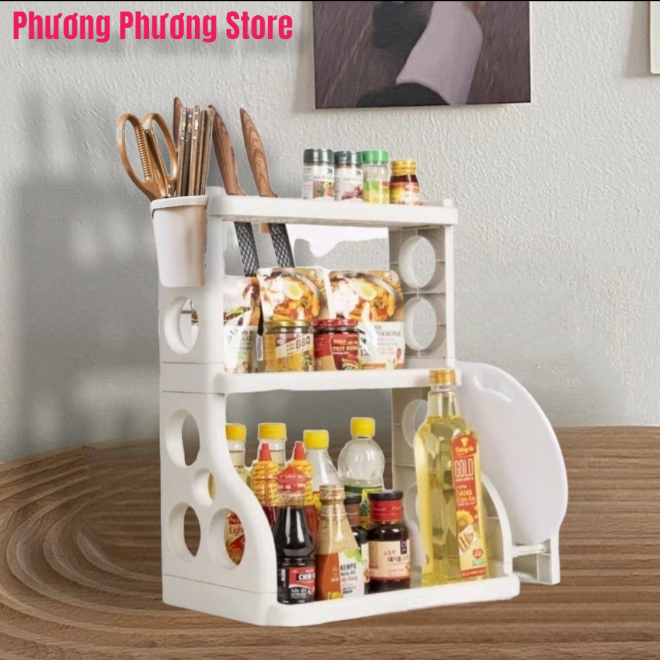 Kệ Gia Vị Chữ H - Kiểu Dáng Hàn Quốc, Kệ Gia Vị 3 Tầng Để Bàn Đa Năng Cao Cấp, Kệ nhà Bếp Có Khe cắm Dao Để Thớt Và Giỏ Đựng Đũa Tiện Lợi 5 in 1