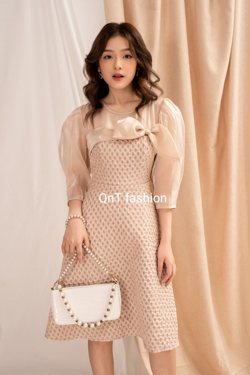 Đầm dự tiệc thiết kế-Đầm xòe cổ tròn phối nơ-Đầm thiết kế dự tiệc phong cách tiểu thư