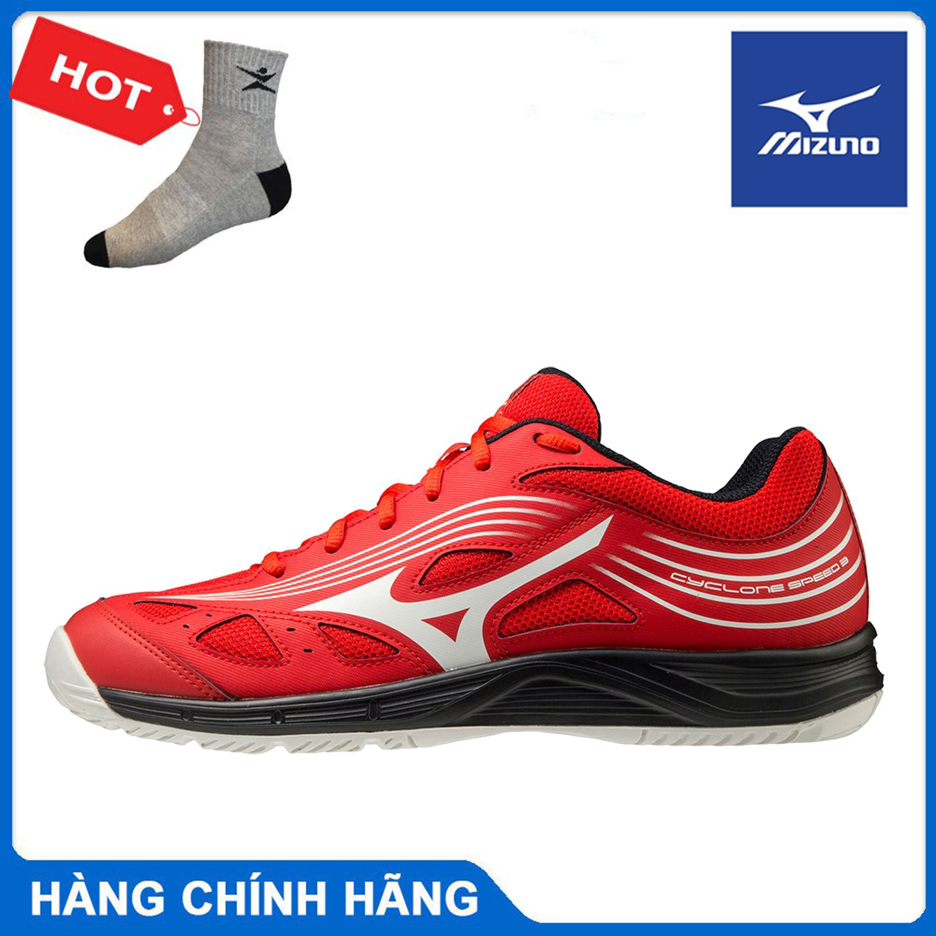 Giày cầu lông Mizuno Cyclone speed 3 V1GA218 màu đỏ và màu trắng chính hãng, êm chân, hỗ trợ vận động tốt - Tặng tất thể thao Bendu