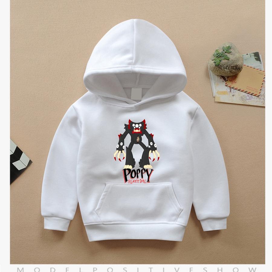 Áo khoác in hình Poppy Playtime Huggy Wuggy Plush kiểu dáng hoodie trắng cực chất đủ size cho bé trai bé gái