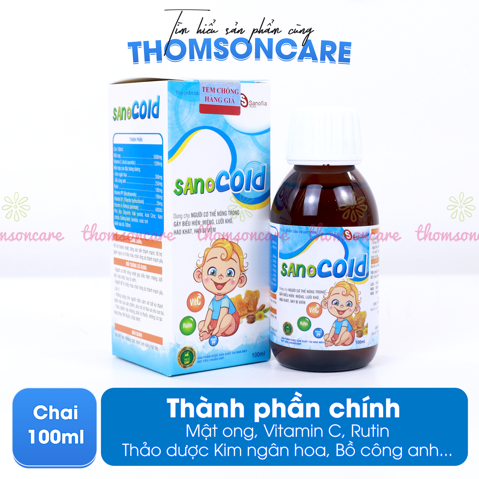 Siro thanh nhiệt cho bé Sano Cold - giúp giảm nhiệt miệng, nóng trong, chảy máu chân răng từ thảo dược - Chai 100ml Thomsoncare