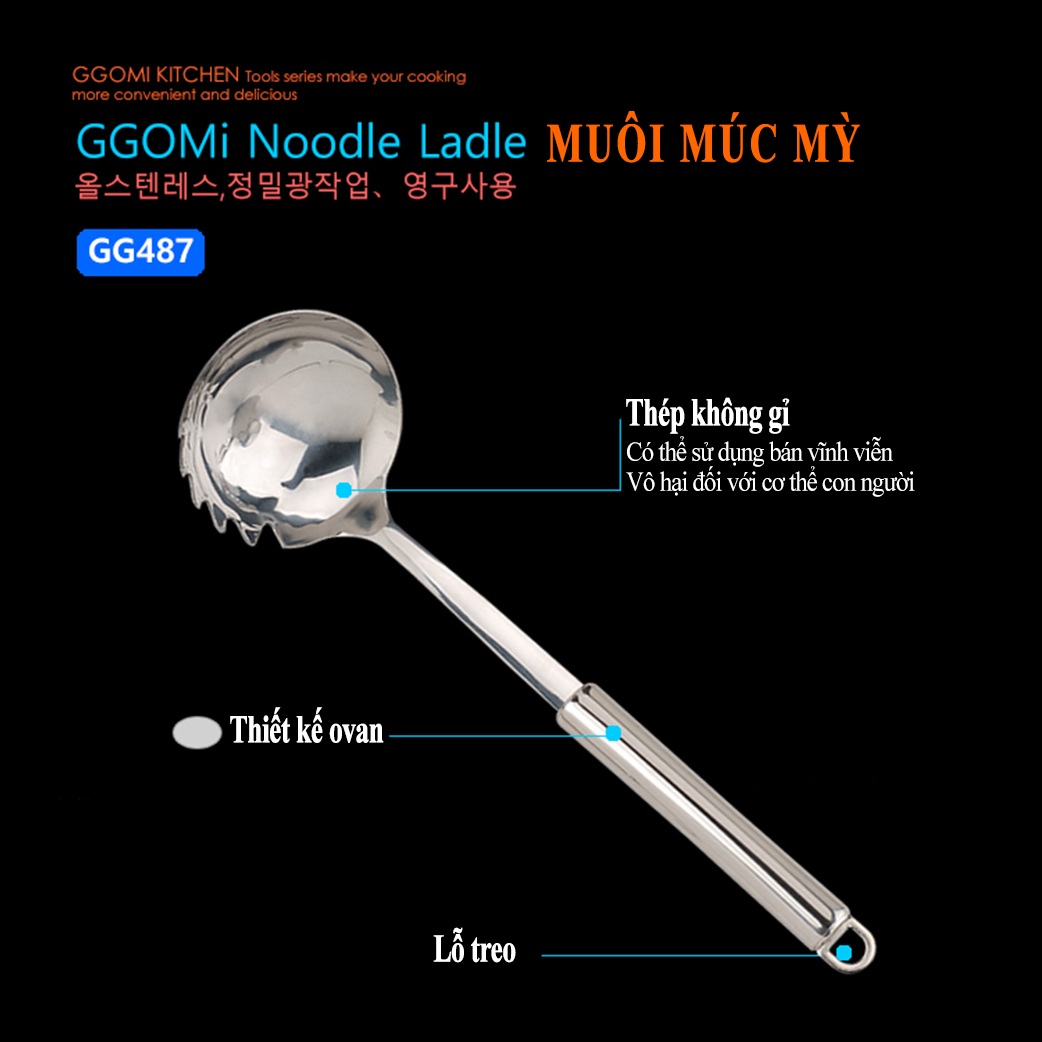 Muôi múc mỳ dài 28 cm, rộng 8 cm bằng thép không gỉ an toàn sức khỏe GGOMi Hàn Quốc GG487