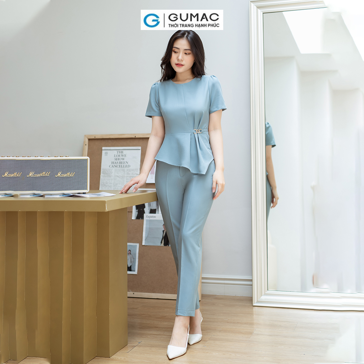 Áo kiểu dáng Peplum phối phụ kiện vải cotton lạnh GUMAC AD08036