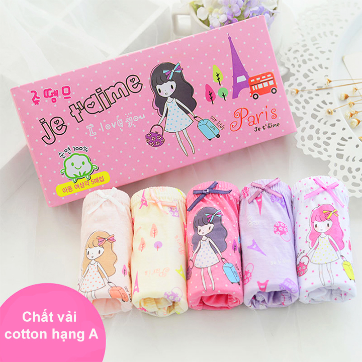 Set 5 quần chip cho bé gái, Hộp 5 quần lót kháng khuẩn cho bé gái 1-12 tuổi chất cotton thoáng khí xuất Hàn cao cấp – C024