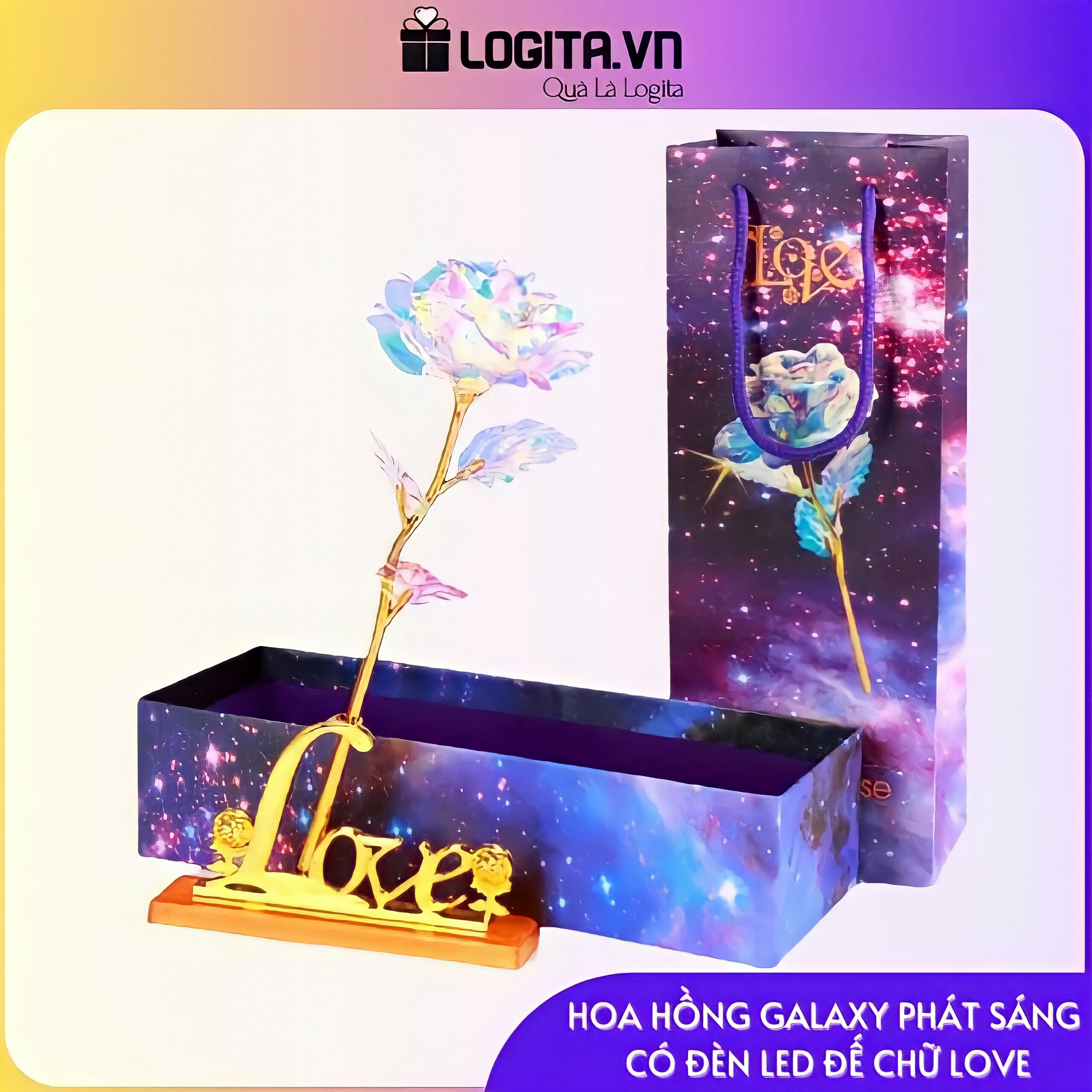 Quà Valentine 2021, Quà 8/3, Quà Sinh Nhật Ý Nghĩa Tặng Bạn Gái - Hoa Hồng Galaxy Phát Sáng Có Đèn Led Đế Chữ Love Golden Rose (Phiên Bản Đặc Biệt)