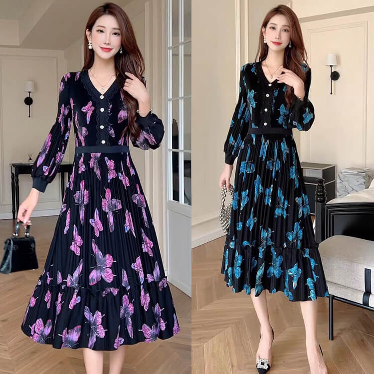 Đầm xòe dập ly họa tiết bướm
