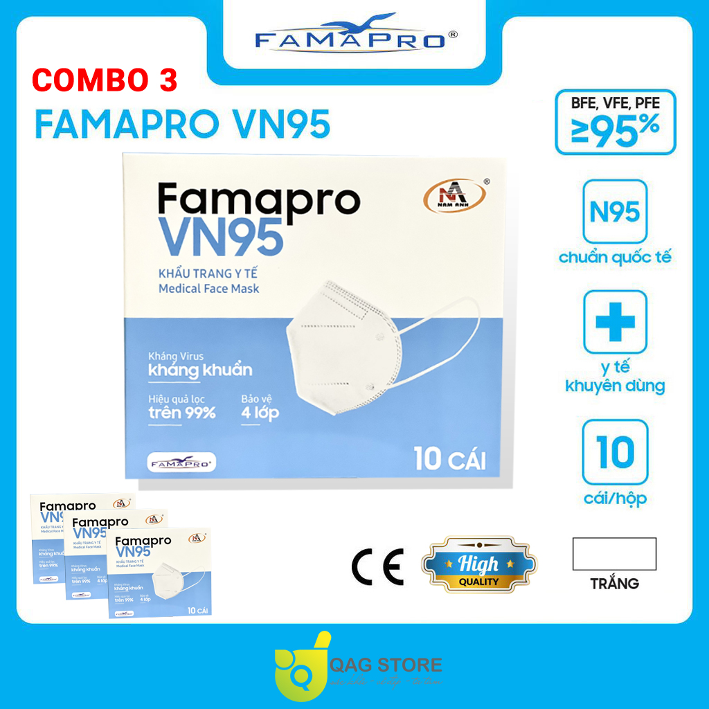 [Chính Hãng] - COMBO 3 HỘP Khẩu trang y tế kháng khuẩn 4 lớp Famapro VN95/ Đạt chuẩn N95 (10 cái/ hộp) - Giá Ưu Đãi