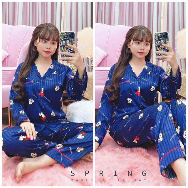 BỘ PIJAMA MẶC NHÀ HOẠ TIẾT CHUỘT HOẠT HÌNH LỤA GẤM DÀI TAY CAO CẤP