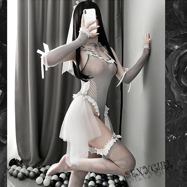 Cosplay cô dâu 1 mảnh sexy gợi cảm đồ ngủ liền thân tiểu thư kèm tất cao cấp quyến rũ BIKI HOUSE N747 - Hỏa Tốc - TPHCM