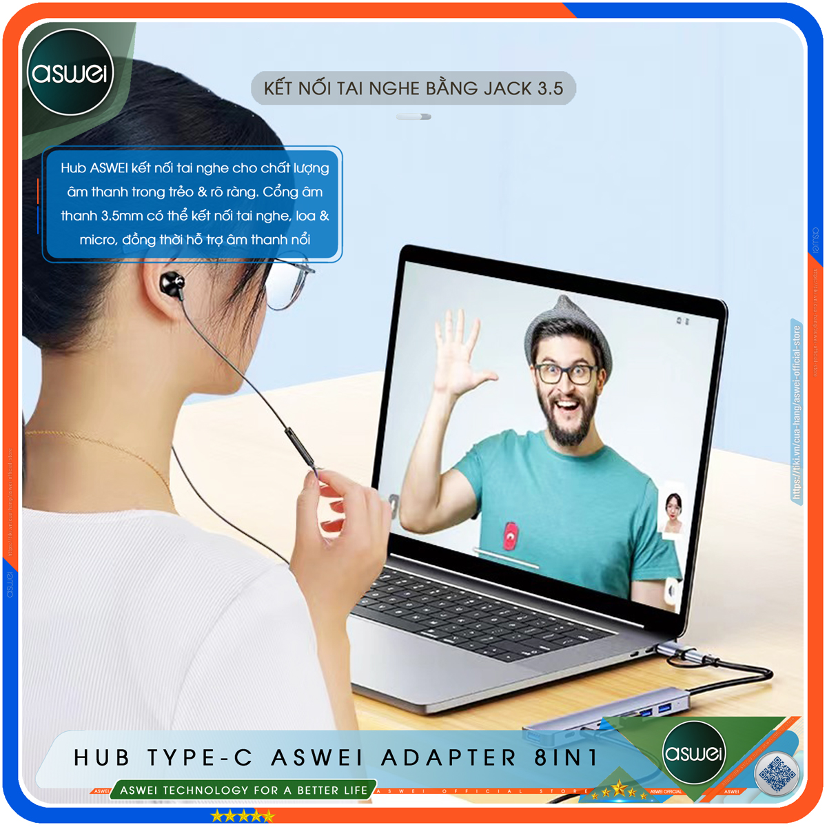 Hub Type C Và Hub USB ASWEI 8 in 1 To USB 3.0, SD, TF, USB C, Audio 3.5 - Hàng Chính Hãng
