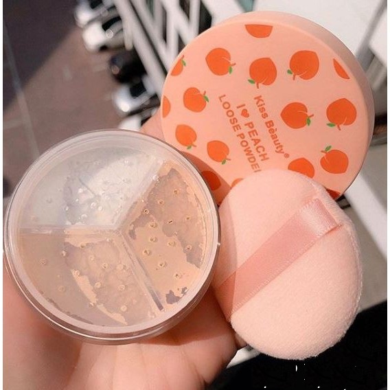 Một Hộp Phấn Phủ Dạng Bột Ba Ngăn Kiss Beauty Peach Tặng Kèm Bông Phấn 