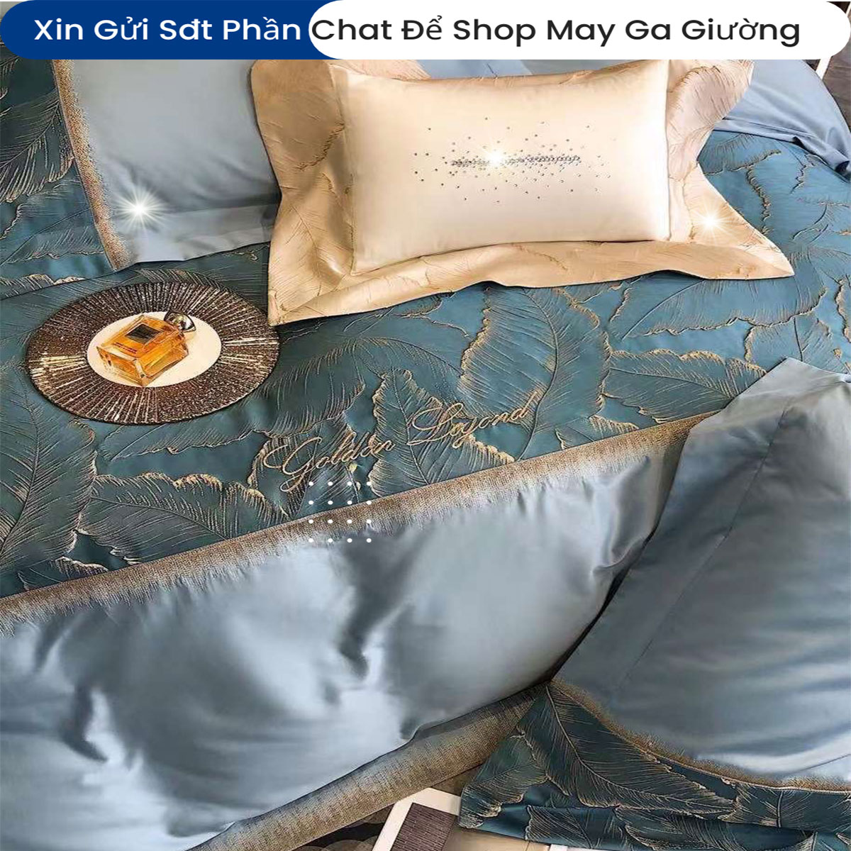 Bộ Chăn Ga Gối Đệm Lụa Tencel Golden 5 Món ANNA NGUYÊN Cao Cấp Chăn Chần Bông Lụa Mềm