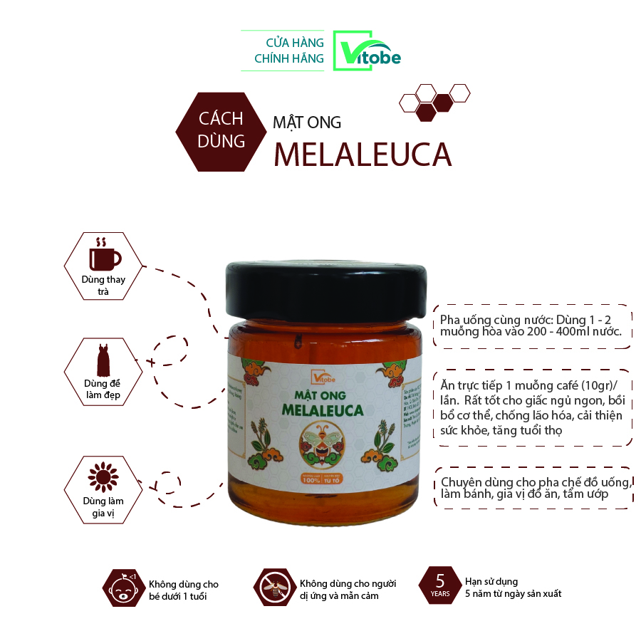 Mật Ong Melaleuca Vitobe (150gr) - Hữu cơ 100% (TẶNG Cây gỗ lấy mật)