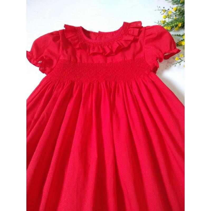 Đầm Smock đỏ cổ tròn tay phồng