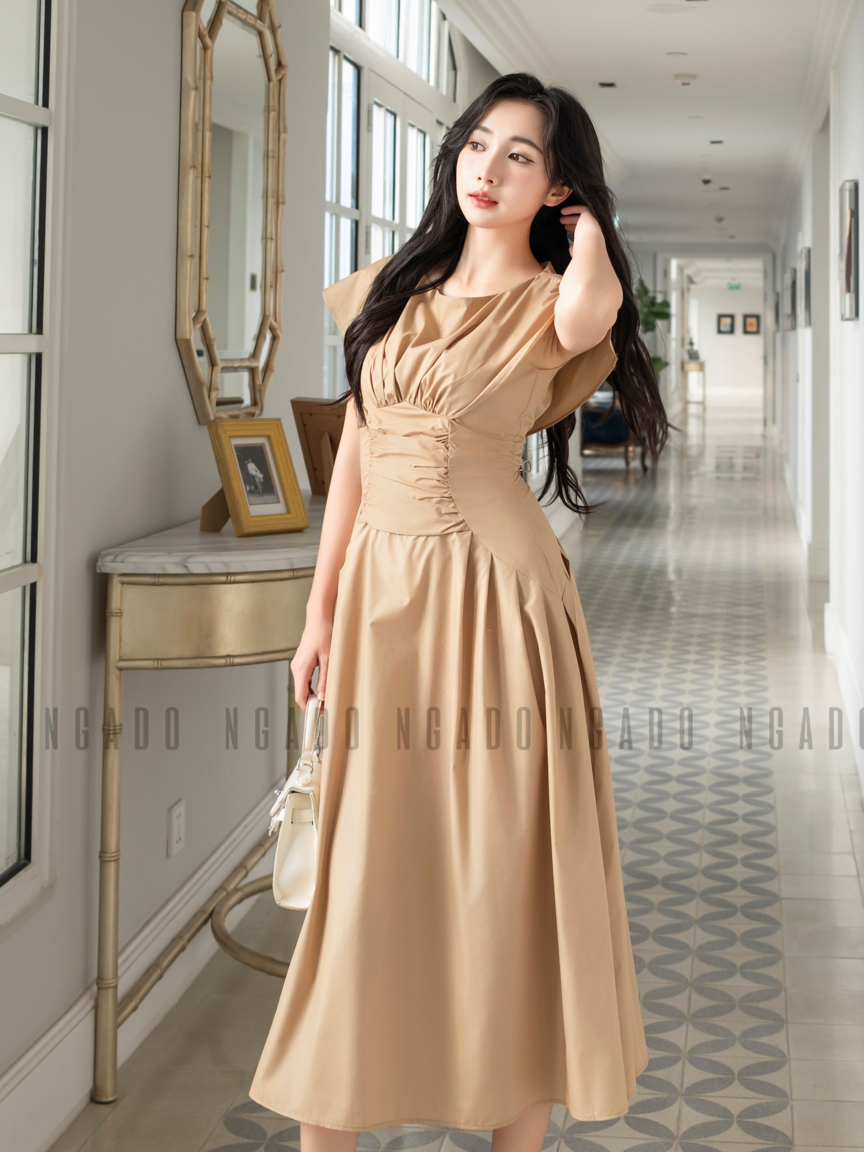 Đầm nâu nhúng eo ngắn tay NGADO, Đầm dự tiệc sang chảnh, Đầm thiết kế