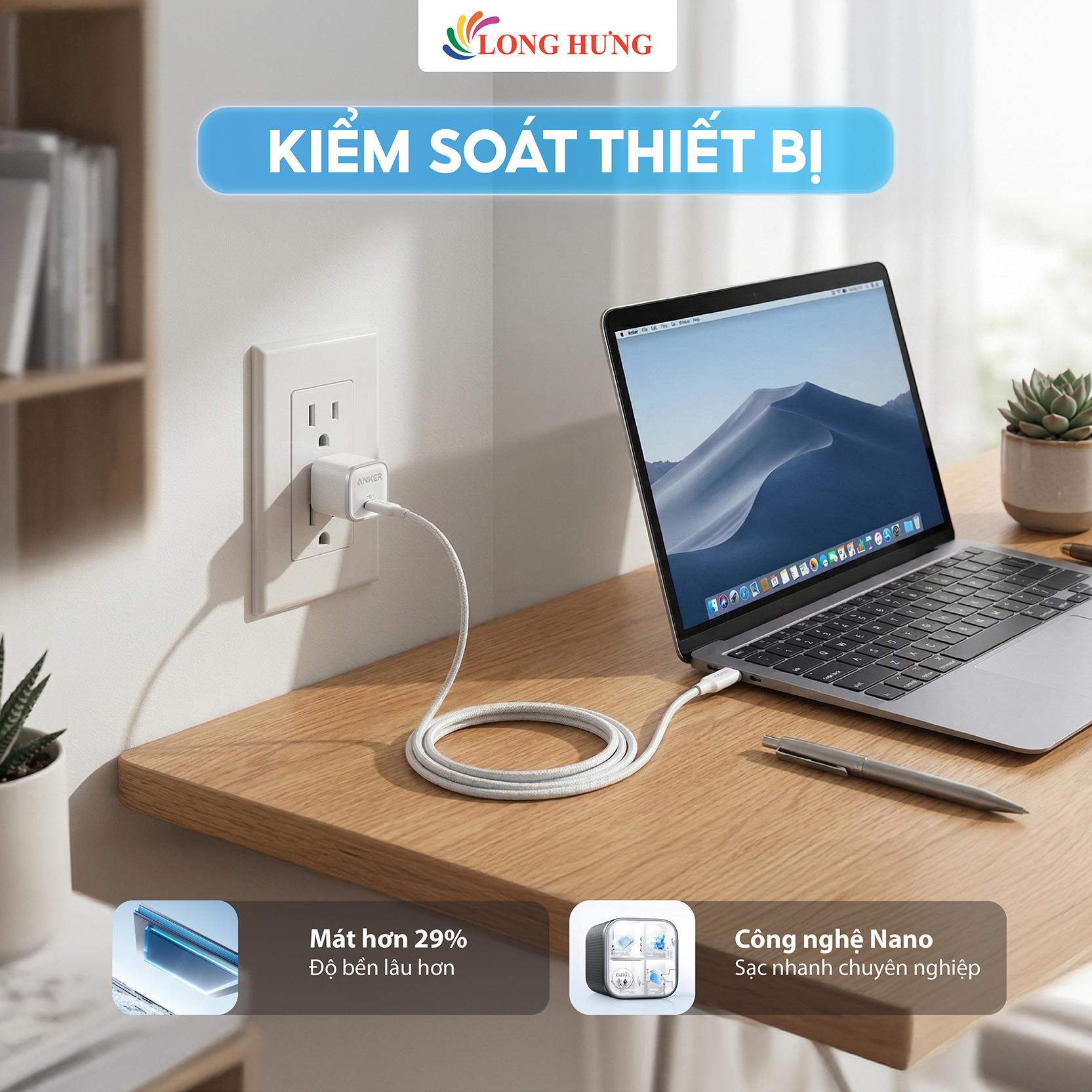 Combo cốc sạc Anker Nano 1C 45W + Cáp USB Type-C to Type-C B2692 - Hàng chính hãng