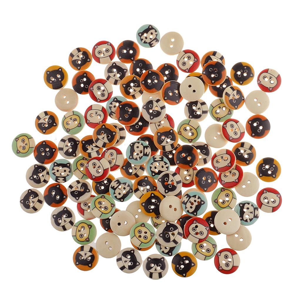 100Pieces Cat Pattern Wooden Round 2 Holes Buttons for Sewing Crafts 15mm