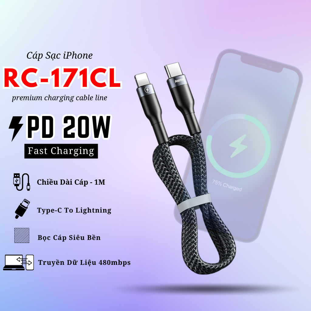 Dây sạc chính hãng Remax Type C to iphone Remax RC-171cl cáp sạc nhanh 20w cho 14 pro max trở xuống Remax - Hàng Chính Hãng