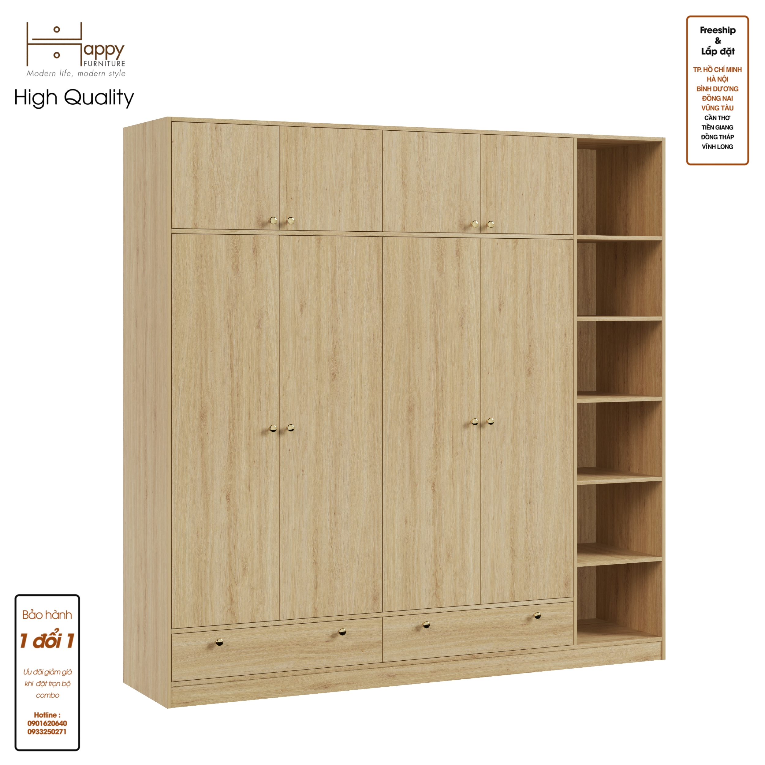 [Happy Home Furniture] ELEGANT, Tủ quần áo 4 cửa mở 2m2x2m2 , 220cm x 54cm x 220cm ( DxRxC), TCM_045