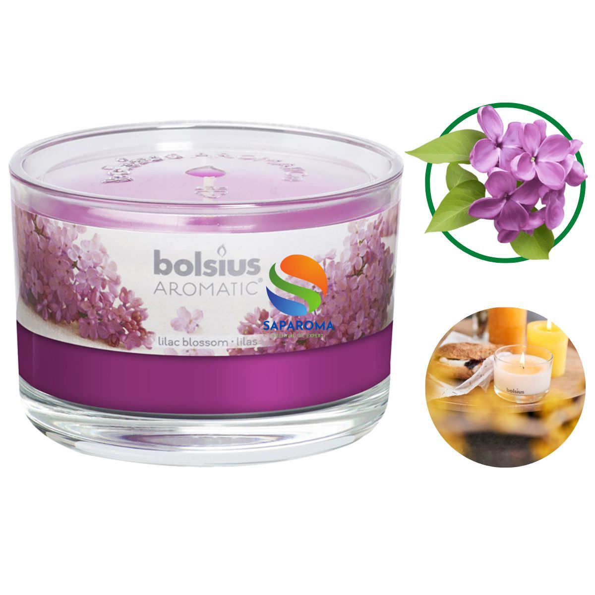 Ly nến thơm tinh dầu Bolsius Lilac Blossom 155g QT024875 - hoa tử đinh hương, nến trang trí, thơm phòng, thư giãn, Hỗ trợ khử mùi