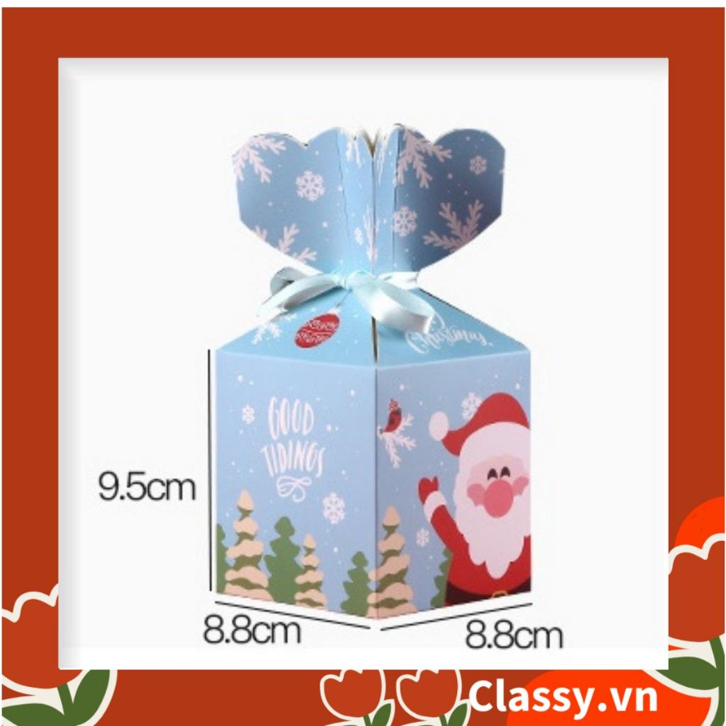 Hộp giấy Giáng sinh 9.5*8*8cm tự gấp hình viên kẹo, gắn Ruy băng Classy ; in họa tiết NOEL vui vẻ Q765