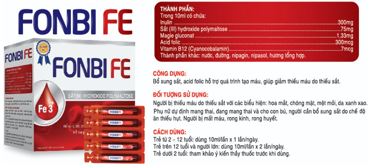 FONBI FE ỐNG - Bổ sung sắt, acid folic hỗ trợ quá trình tạo máu, giúp giảm thiếu máu do thiếu sắt.