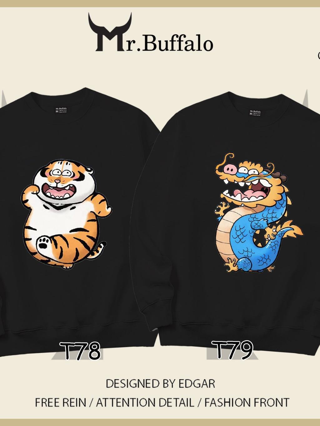 Áo Sweater cặp đôi Hổ Rồng dễ thương Mr.Buffalo - Áo rồng T79 - Đen, Áo rồng T79 - Đen