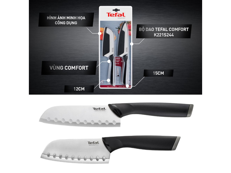Bộ dao Tefal Comfort K221S244 15cm và 12cm - Cầm nắm thoải mái - Vỏ bảo vệ an toàn - Hàng chính hãng