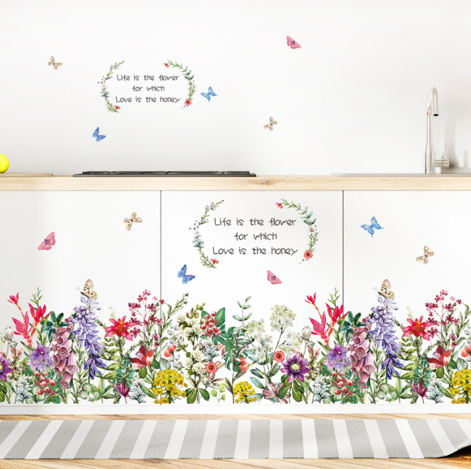 Decal trang trí tường - Chân tường hoa sắc màu
