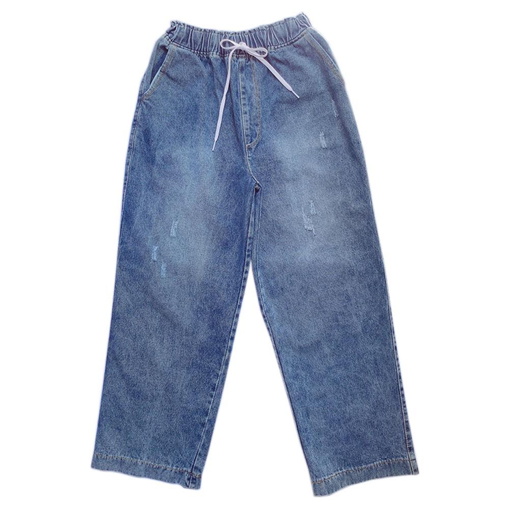 Quần jean nữ quần bò ống rộng cạp cao lưng thun chất cotton không co dãn màu xanh