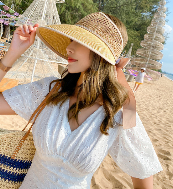 Nón rộng vành thắt nơ thời trang, mũ chống nắng nửa đầu phong cách Hàn