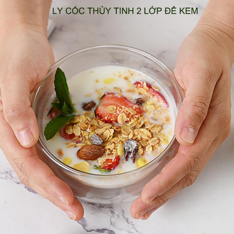 01 Cốc thủy tinh 2 lớp dùng ăn kem, hoa quả dầm đa năng, loại 300-400ml tùy chọn