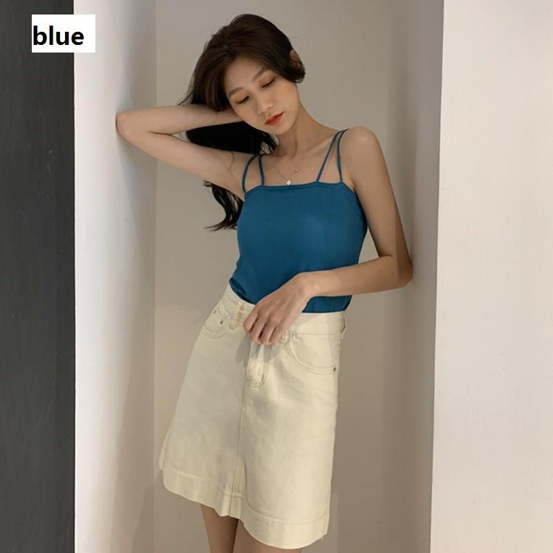 Áo Hai Dây Dệt Kim Một Màu Trơn Nữ Tính Phong Cách Hàn Quốc