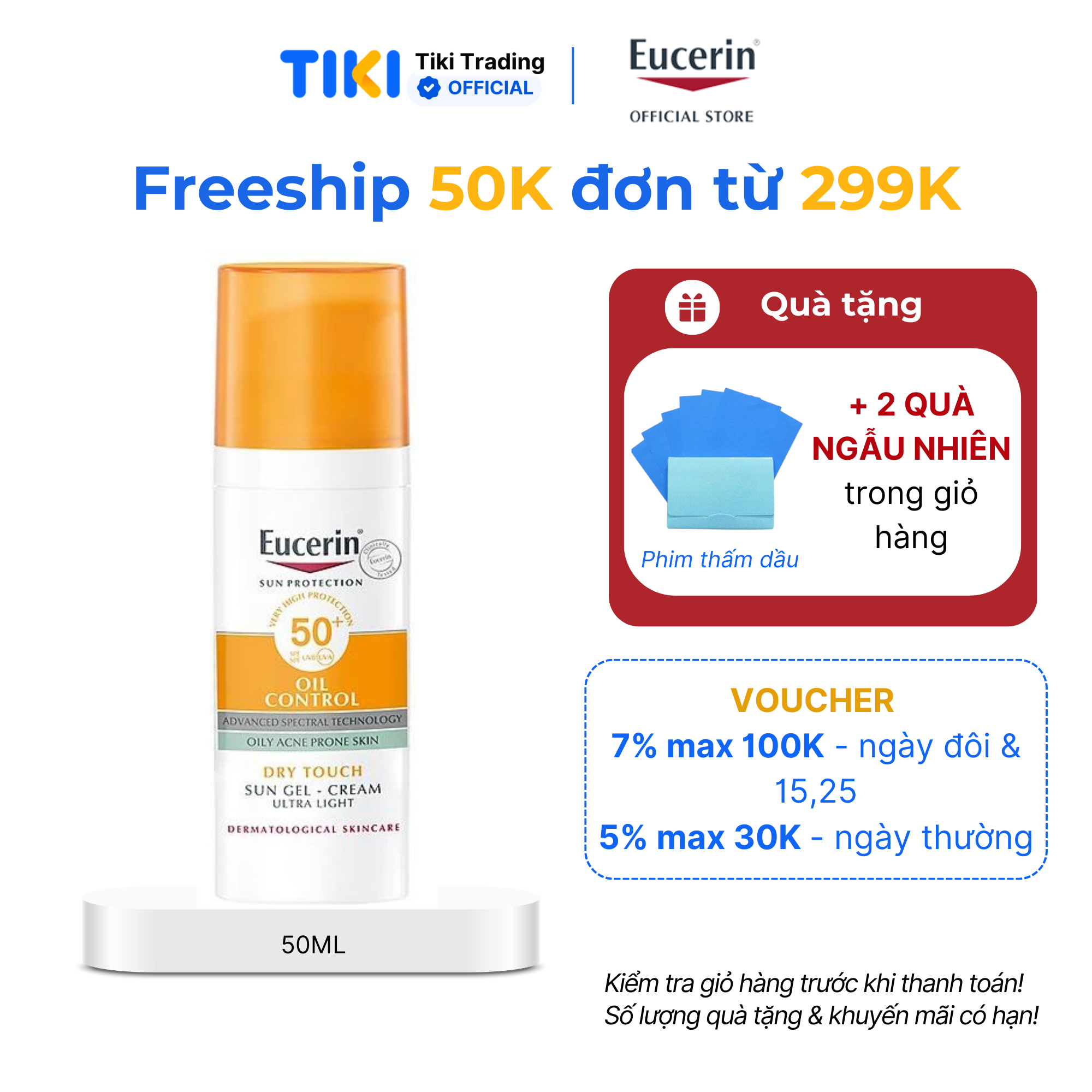 Kem chống nắng kiềm dầu &amp; ngừa mụn Eucerin Sun Dry Touch SPF50+ 50ml