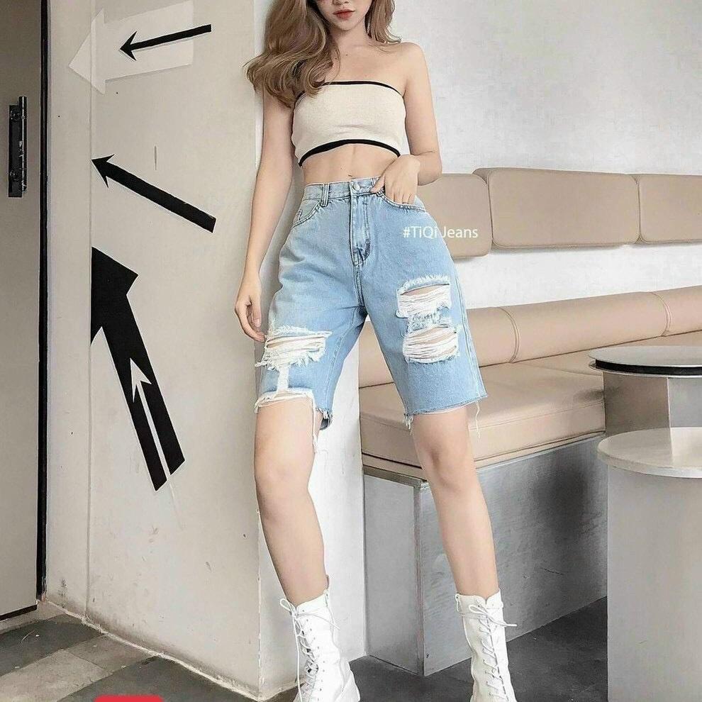 Quần Ngố Nữ ống suông ulzzang cao cấp, chất jeans cotton co dãn nhẹ King168 - SNN03