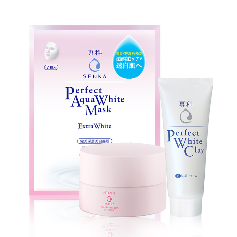 Bộ chăm sóc da Senka (White Beauty Glow Gel Cream 50g + Aqua White Mask Extra White 25ml) tặng Perfect White Clay 50g