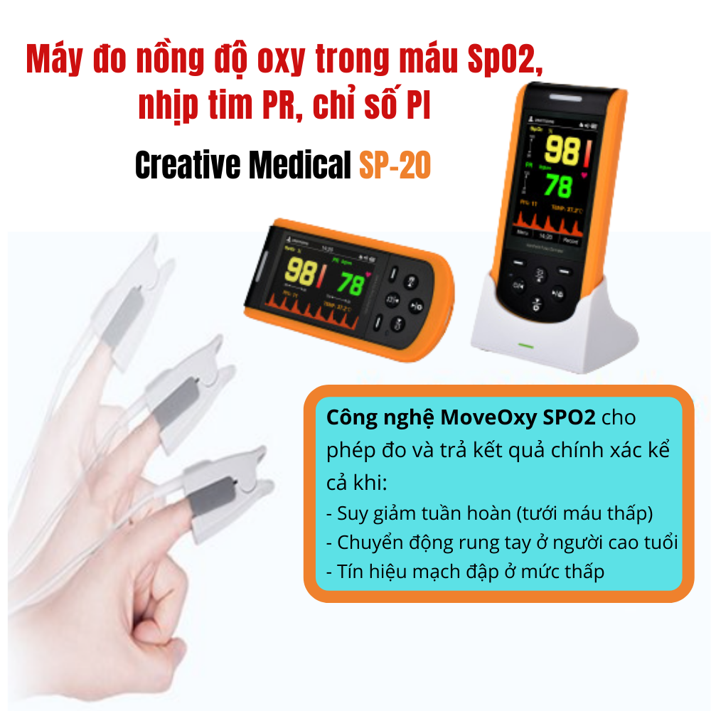 Máy đo nồng độ oxy trong máu SpO2 cầm tay Creative Medical SP-20, kết hợp kiểm tra thân nhiệt