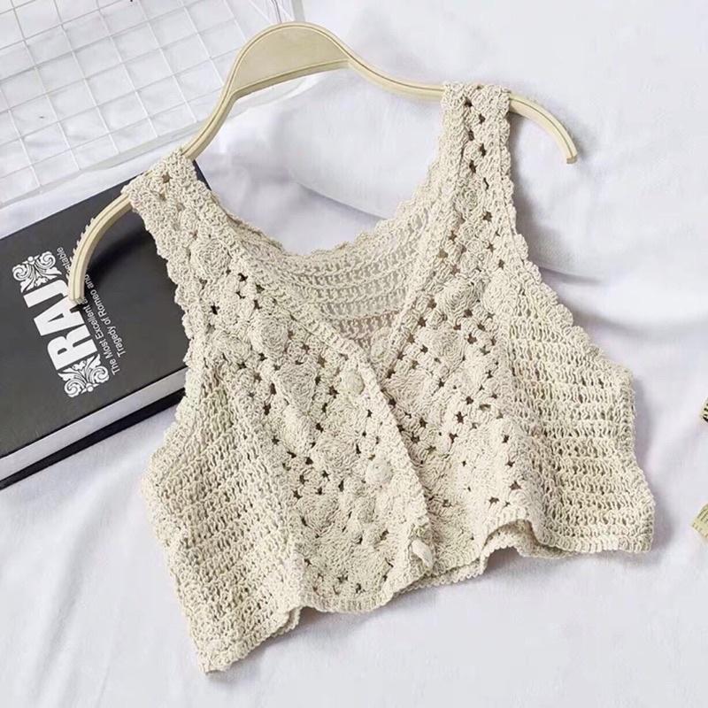 Áo 2 dây sợi móc cài khuy cổ tim dáng ngắn croptop