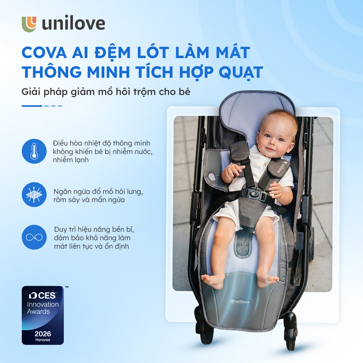 Unilove COVA AI - Đệm lót làm mát tích hợp quạt cho bé, tự động điều chỉnh nhiệt độ theo thời gian thực