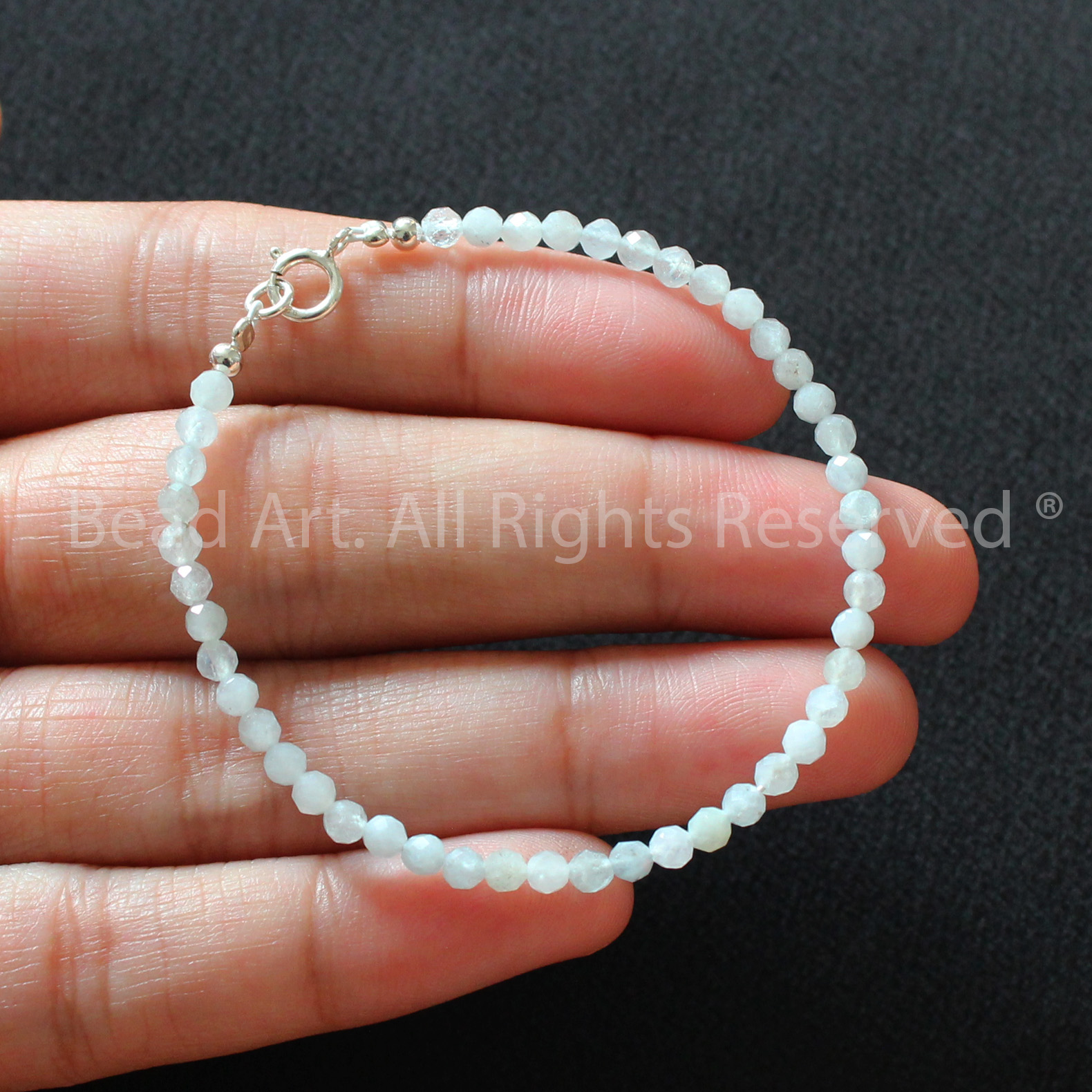 Lắc Tay 3MM Đá Aquamarine Tự Nhiên, Hải Lam Ngọc, Màu Xanh Biển Giác Cắt Và Bạc 925, Thuỷ, Mộc, Vòng Tay Phong Thuỷ, Chuỗi Hạt - Bead Art