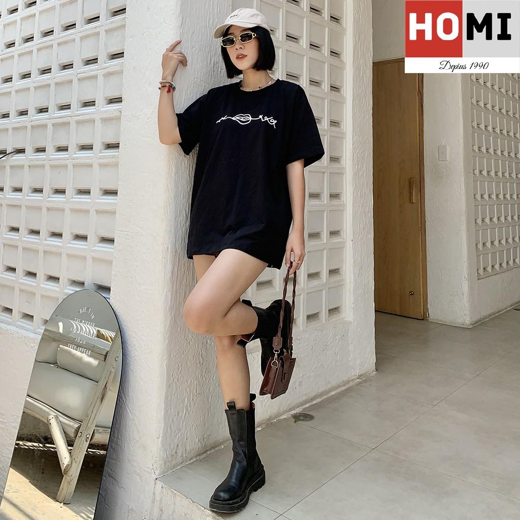 Áo thun 100% cotton co giãn 4 chiều in hình môi cách điệu - màu đen
