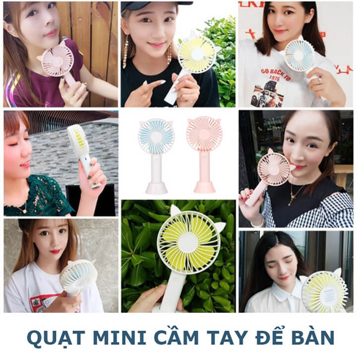 Quạt tích điện mini cầm tay để bàn 3 chế độ gió, quạt mini cầm tay 4 cánh sạc tích điện tai thú có chân đế để bàn - QUẠT SS2