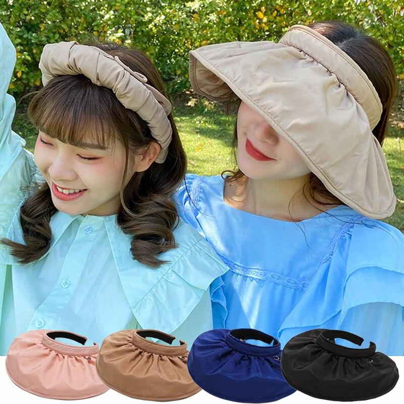 Summer Folding Sun Hat Hair Hoop Women Sun Visor Elastic Top Empty Hats UV Sun Protection Wide Brim Sport Beach Caps Hats