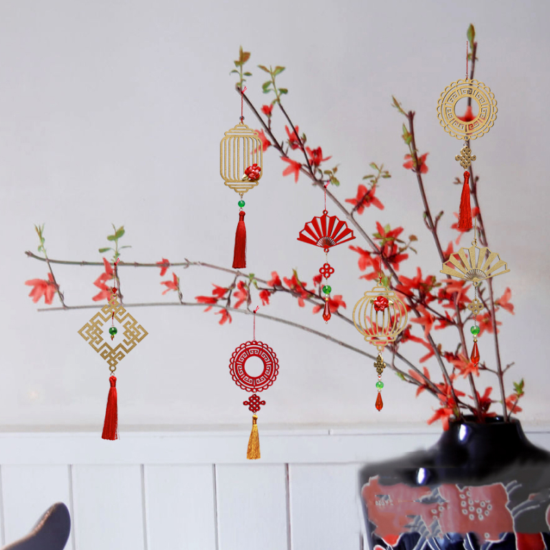 Hình ảnh Bộ 11 dây treo trang trí Tết, phụ kiện handmade bằng gỗ sơn đỏ sang trọng , treo Mai, Đào, Lan- COMBO MIX11