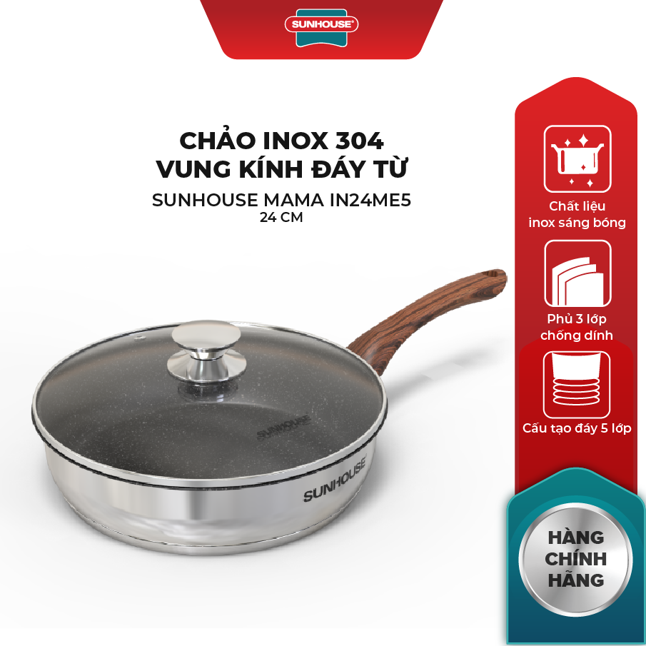 Chảo inox 304 đáy từ ,vung kính cường lực siêu bền, Cán vân gỗ cao cấp Sunhouse MAMA IN24ME5