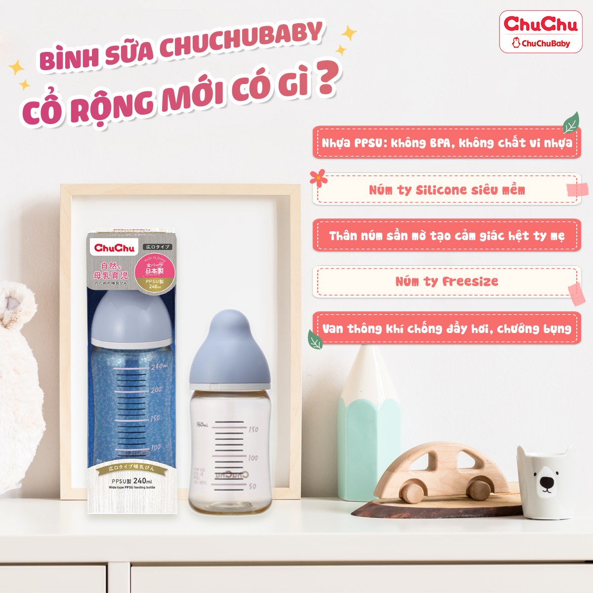 Bình sữa cổ rộng PPSU 240ML new với núm ty mềm Chuchu Baby