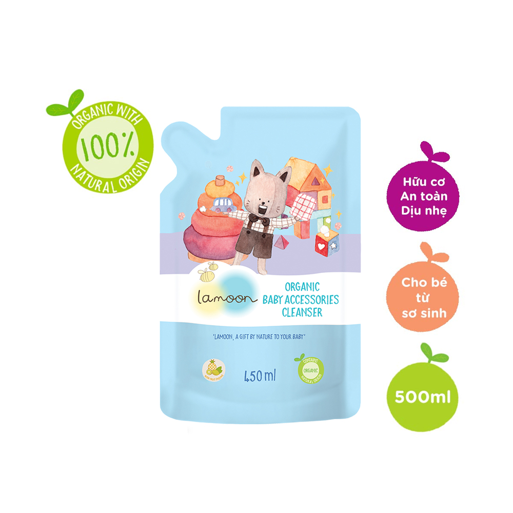 COMBO Nước rửa đồ chơi Organic an toàn cho bé Lamoon dạng Bình 500ml + Túi refill 450ml