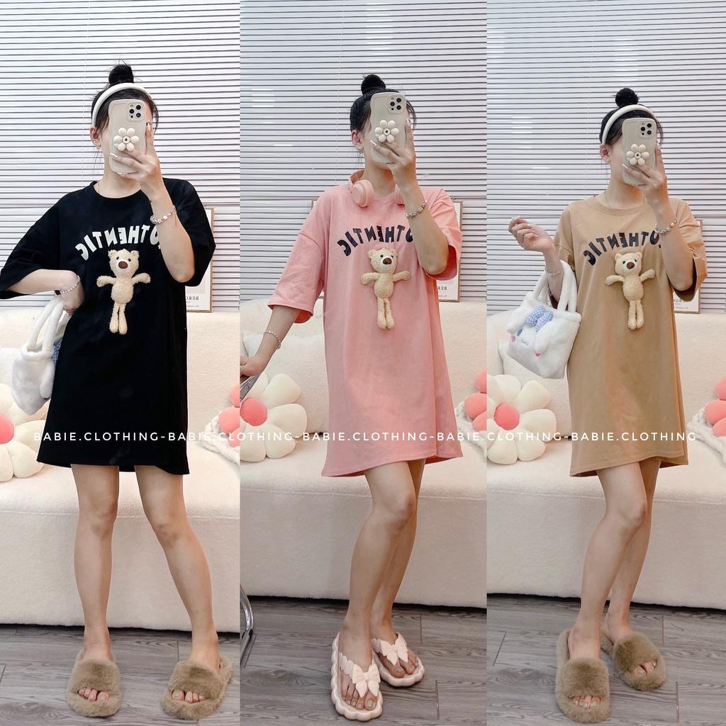 ĐẦM ĐI CHƠI, ĐẦM BABYDOLL CỔ TRÒN TAY NGẮN KÈM GẤU CỰC XINH, BẦU BÍ BON CHEN OKELA LUN Ạ